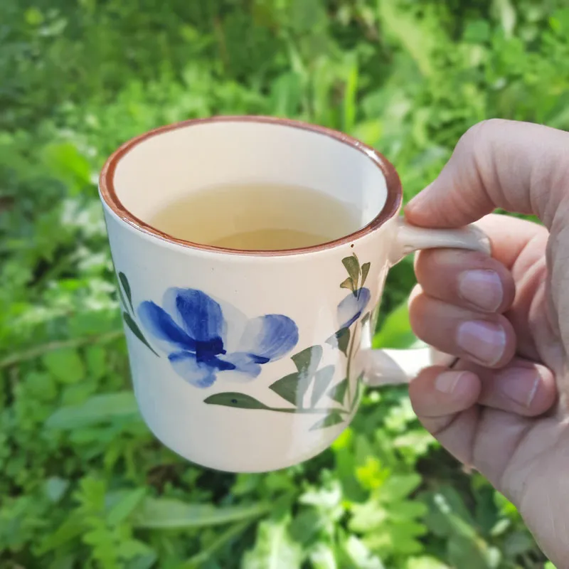 Tasse mit Tee aus Löwenzahnwurzel in Hintergrund grüne Natur