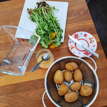 Alle Zutaten für die Herstellung des Löwenzahnsalats stehen am Tisch: Dressing, Löwenzahnpflanze, gekochte Kartoffel,...