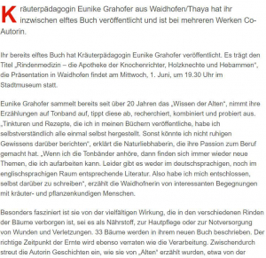 Pressebericht Neuerscheinung Rindenbuch Eunike Grahofer