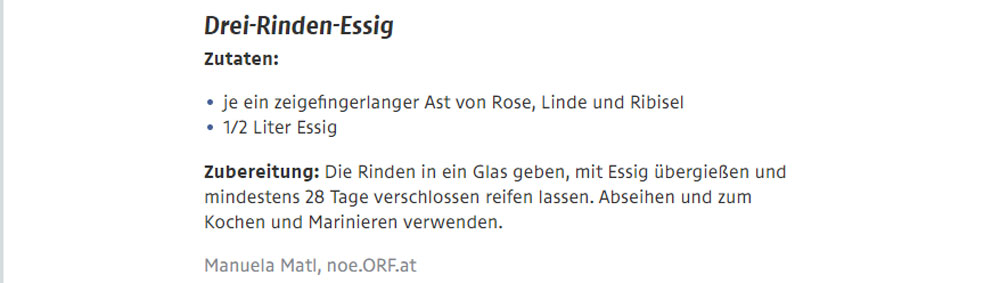 Auszug Bericht ORF NOE Drei Rinden Essig
