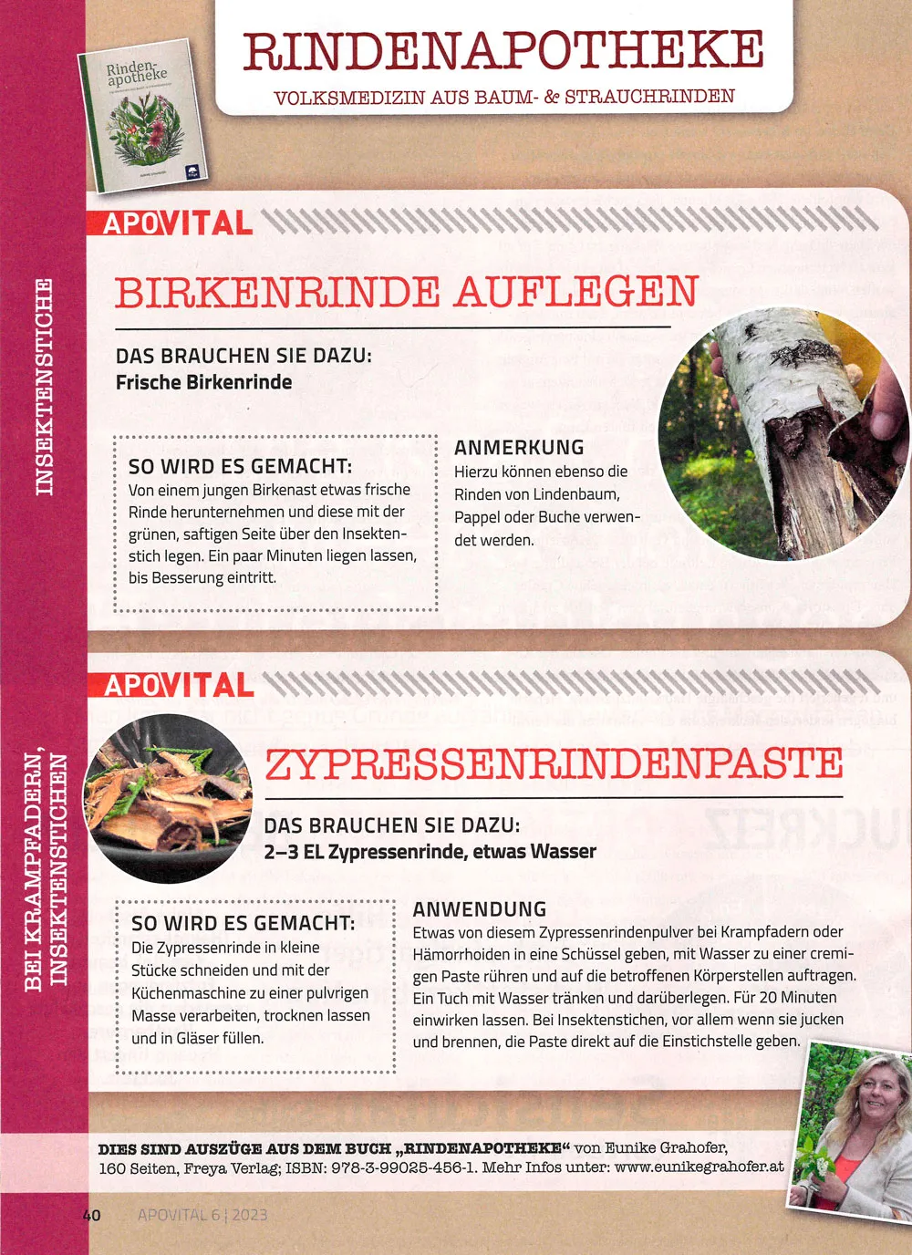 Scan Presseartikel von Eunike Grahofer aus der Apovital mit der Anleitung wie man Birkenrinde auflegtu und dem Rezept für die Zypressenrindenpaste